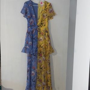 New Yellow & Blue Long Floral Dress -LARGE